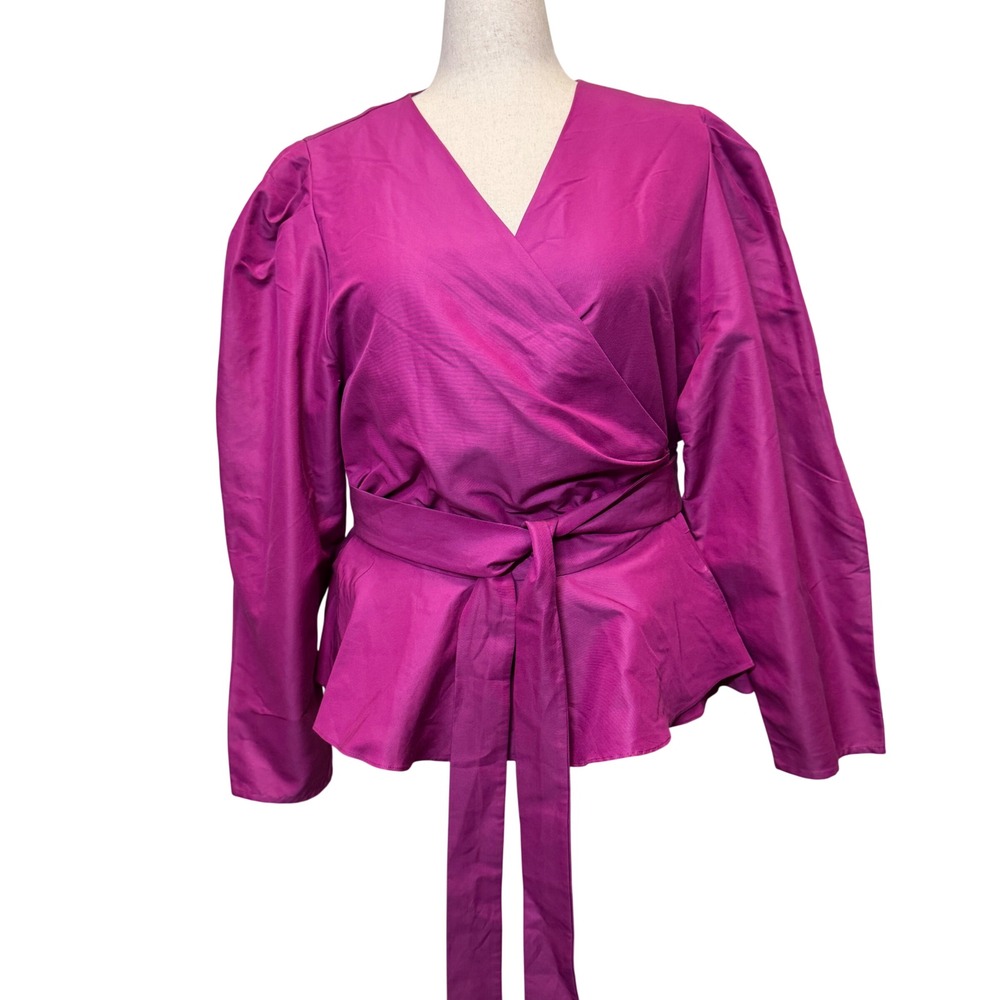 Tanya Taylor Womens Katie Wrap Top 22 Magenta Cotton Silk Puff Sleeve Peplum
